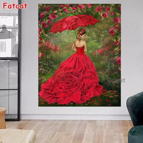 5D DIY Diamond Painting Beautiful Girl In Rose Skirt With Umbrella Picture Diamond Kit Full Square Drill Embroidery Decor PP1677