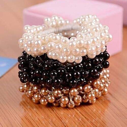 Black White Coffee Artificial Pearl Beads Elastic Hair Bands Ponytail Holders Headwear Hair Accessories for Women