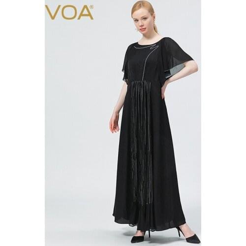 VOA Silk Jacquard Mysterious Black Round Neck Lotus Leaf Short Sleeved Open Thread Decorative Folding Stuffing Long Dress AE919