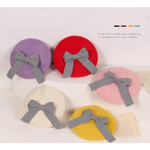FOCUSNORM 13 Colors Lovely Infant Baby Girls Beanies Hats Woolen Solid Plaid Bowknot Outdoor Caps