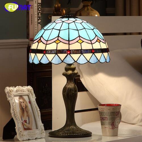 FUMAT Baroque Style Table Lamp Blue Shade Stained Glass Table Lamps For Living Room Bed Room Art Fashion LED Glass Table Lamps
