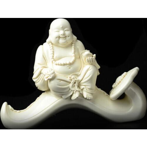 Exquisite China Dehua Porcelain Happy Laugh Maitreya Buddha Hold Yuanbao Wishful Statue