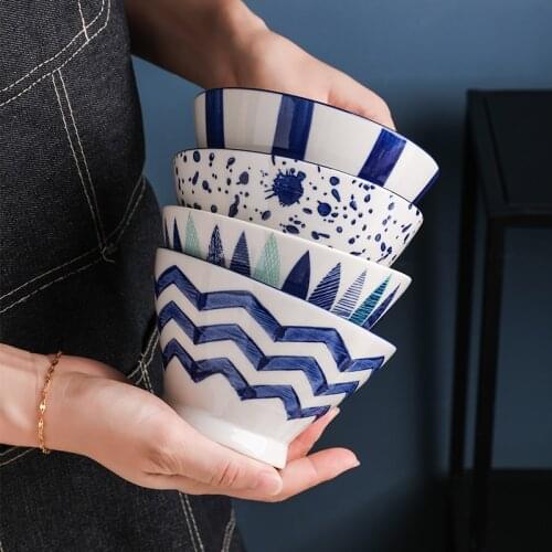 Ceramic bowl ramen bowl soup bowl rice bowl salad bowl bamboo horn cute commercial hand painted high feet bowl sushi plate