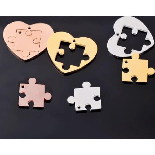 2Pcs Men Women Creative Mirror Polished Stainless Steel Love Couple Puzzle 3 Colors Pendant Necklace Set Jewelry Accessories