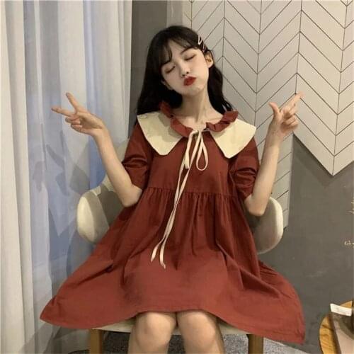 Korean Kawaii Peter Pan Collar Loose Dress Women Style Cute Sweet Lace Up Women Dress Fashion A-Line Japanese Dress 2021 Summer
