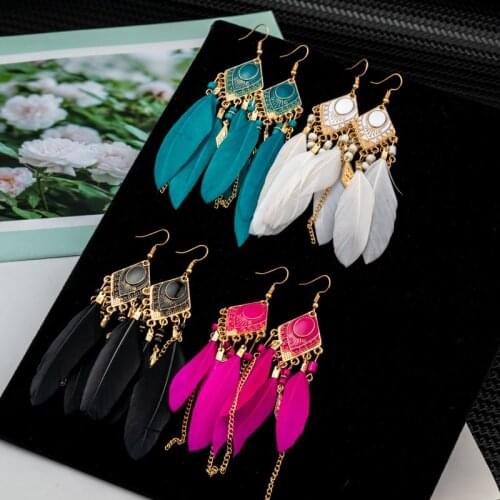 Summer Blue Long Feather Dangle Earrings For Women Beach Chain Tassel Drop Earrings Wedding Jewelry Hangers Bohemian Style