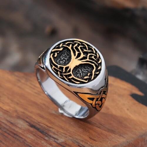 Nordic Viking Tree of Life Ring Men Vintage Gold/Steel Stainless Steel Odin Celtic Knot Ring Fashion Biker Jewelry Amulet Gift