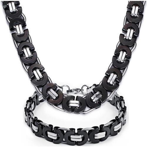 Titanium steel black flat bracelet necklace set