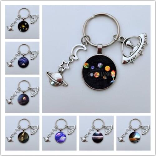 2020 New Space balls Galaxy Glass Keychain Saturn charm moon keychain UFO key ring for Women Men Best Friend Ship Gift