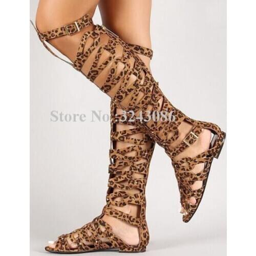 New Hollow Out Knee High Flat Sandals Boots Women Sexy Rivets Casual Long Boots Lady Fashion Dress Casual Sandals Dropship