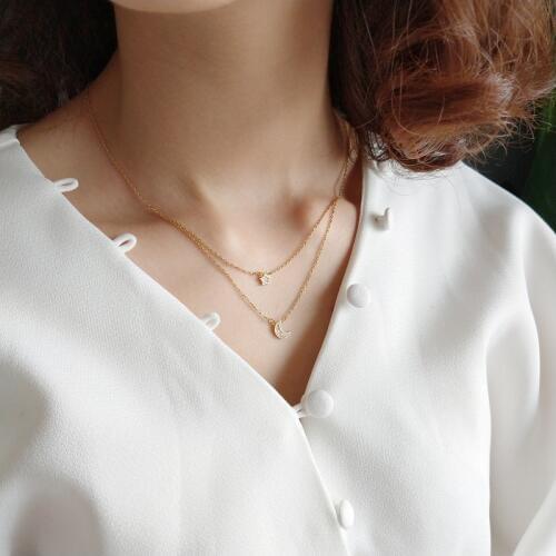 925 Sterling Silver Double Layer Geometric Moon Star Necklace 18k Gold Micro Pave Zircon CZ Pendant Necklace For Women Jewelry