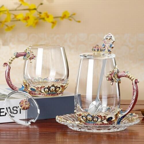 Luxury Enamel Cup European Crystal Glass Flower Tea Cup with Lid Spoon Wedding Gifts Household Tea Set Home Decor Accessories