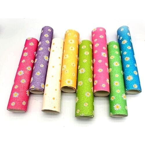 Daisy Flower Printed Super Shiny Matte Colors Fine Glitter Faux Leather Fabric Sheet for Bag/Hair bow/Shoe/Belt/DIY Accessories