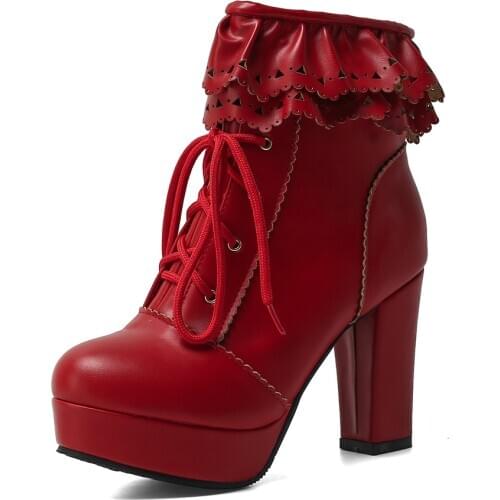 Autumn Winter Women Lolita Boots Japanese Sweet Faux Leather Shoes Ruffle Trim Lace Up Princess Lolita Cosplay Mid Calf Boots