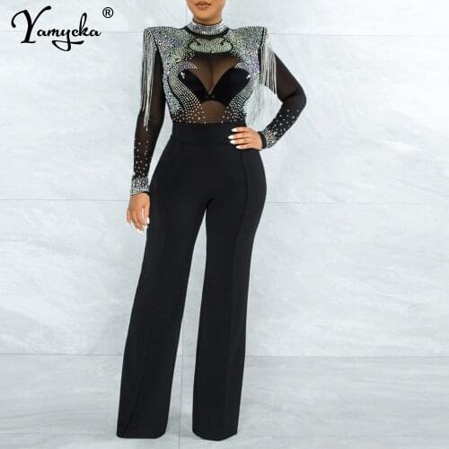 Sexy y2k see through Rhinestone jumpsuits women summer Wide Leg Pants club outfits party jumpsuit High waisted rompers playsuits