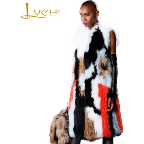 LVCHI 2019 Genuine Leather Winter Natural Fox Fur Sleeveless O Neck Colorful Patchwork Fur Coat Womens Medium Fox Vest Coats