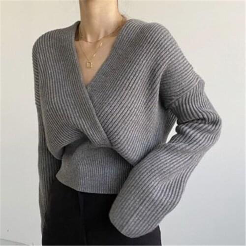 Women Casual Sweater Autumn Winter Korean Style Vintage Crossover V-neck Sweaters Solid Long-sleeved Knit Outwears A50196
