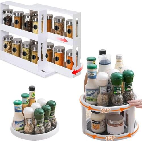 Rotating Seasoning Spice Jar Storage Rack Pull Out Kitchen Cabinet Organizer Slide Salt Bottle Food Box Holder Shelf Accessories