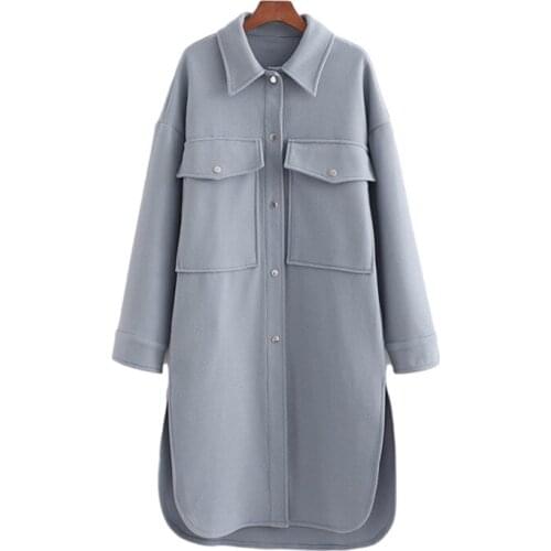 Nice Casual Woman Blue Loose Long Woolen Shirt New Spring Vogue Ladies Soft Pocket Coats Female Chic Warm Oversized Outwerar