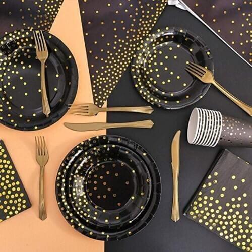 Party Birthday Supplies Black Gold Dot Design Adult Elegant Disposable Tableware Wedding Party Supplies Accessories