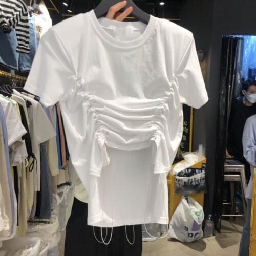 Drawstring Pleated Tshirts Women Korean Fashion Short Sleeve O-Neck Female Tees Tops Summer 2021 New Casual Slim Fit T-Shirts