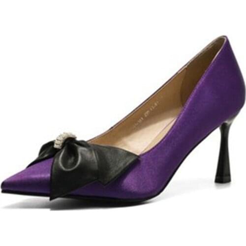 Simple and generous cowhide silk womens shoes with bowknot cowhide tendons thin heel high heel elegant temperament single shoe