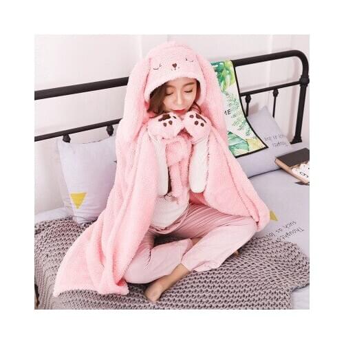 Lovely Long Ear Rabbit One-piece Glove Cape Blanket Thick and Lengthened Hooded Poncho Bath Towel Soft Air Conditioning Blanket
