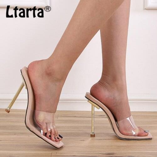 LTARTA 2021 New Womens Shoes Transparent PVC Electroplated Heel Stiletto Square Toe Sandals and Slippers CWF