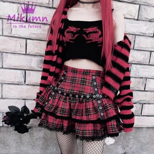 Japanese Harajuku Style Girls Cute Lace Red Plaided Skirt Gothic Sweet Lolita Cake Mini Skirts Ball Gown Punk Chic Streetwear