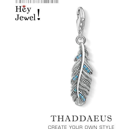 Fashion Custom New 925 Sterling Silver Feather Blue Pendants Charm for Women Men Fit Bracelet Necklace Trendy Accessory Making
