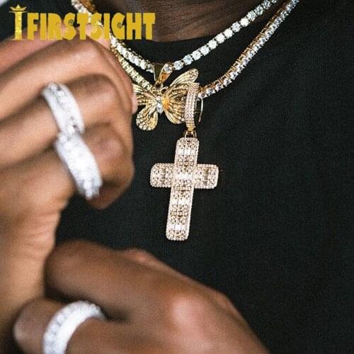 2021 New Gold Silver Color Bling Iced Out Asscher Cross Pendant Necklace Mens Micro Paved Hip Hop 5mm Tennis Chain Jewelry