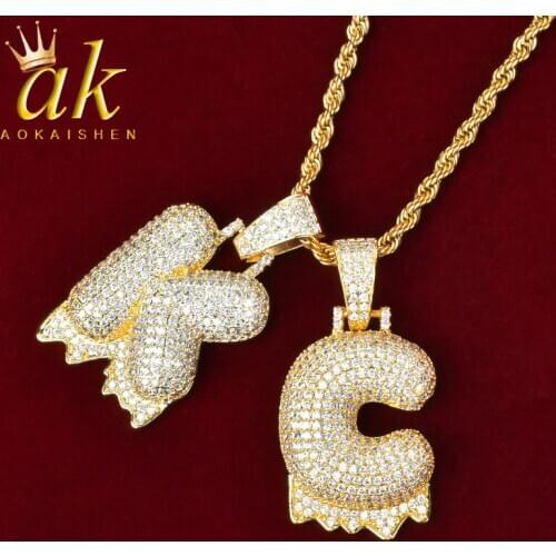 Initials Pendant Drip Bubble Letters Rock Necklaces For Men Cubic Zircon Hip Hop Letter Jewelry