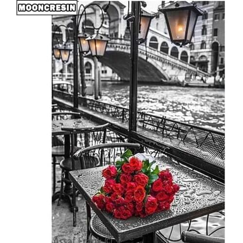 Diy Diamond Embroidery Cross Stitch Street View and Roses Diamond Painting Kit Needlework Paint With Diamonds Mosaic Decor Home