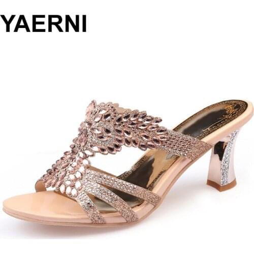 YAERNI New 2019 Summer Party Shoes Fashion Women Sandals Ladies Sexy Crystal High Heels Shoes Woman Open Toe Girls SlidesE873
