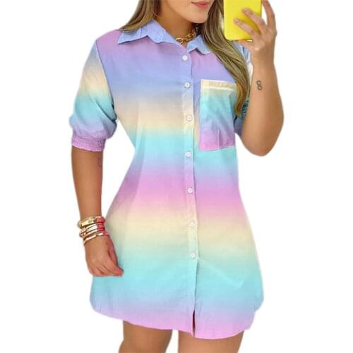 New European And American Womens Half Sleeve Shirt Tie Dyed Contrast Pattern Lapel Dress Pocket Button