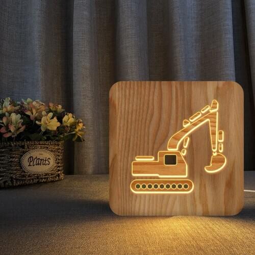 New Wooden 3d Led Lamp Excavators Shape Wood Hollow Carving Night Light Creative Gift for Children Home Bedroom Decoration