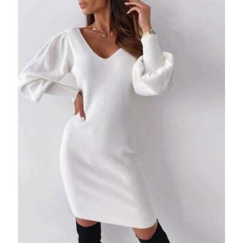 Autumn Sexy Backless Lace Patchwork Mini Dress Fashion Lantern Sleeve A-line Bodycon Dresses For Woman 2021 White Party Vestidos