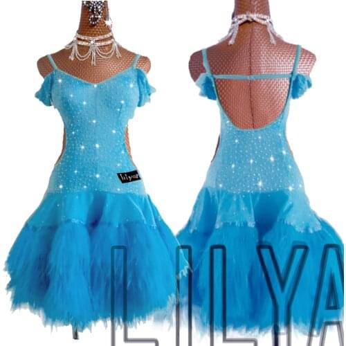 Latin Dance Dress Competition Dress Costumes Skirt Performing Dresses Rhinestones Adult Customize Children Blue Feather Slim Fit