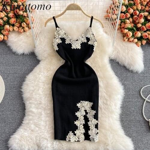 Kimutomo French Retro Women Dress 2021 Early Autumn Floral Embroidery Backless V-neck Slim Split Bodycon Vestido Knitwear New