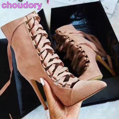 Luxurious Brand Suede Pointed Toe Boots Celebrity Loved Ribbon Lace-up Thin High Heel Party Shoes Discount Motorcycle Boots