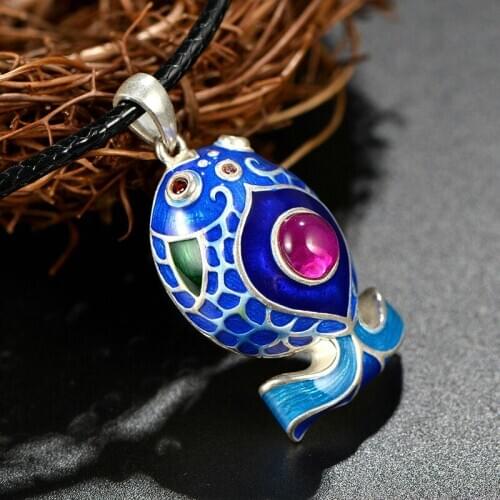 925 silver diy cloisonne red corundum roast blue craft pendant