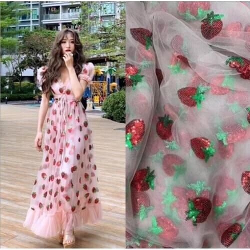 New Strawberry Sequined Embroidered Mesh Dress Children Clothing Chiffon Skirt Fabric Home Decoration