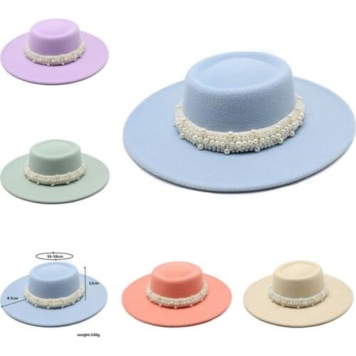 Womens Wide Brim Fedora Panama Hat with Pearl Chain Summer Sun Hat autumn winter solid color 2022 New