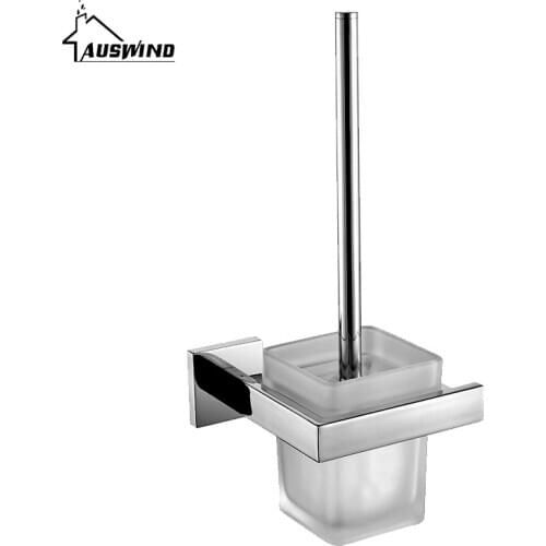 Modern Toilet Brush Holder Wall Mounted 304 Stainless Steel with Square Glass Cup Bathroom Accessories AU7-2