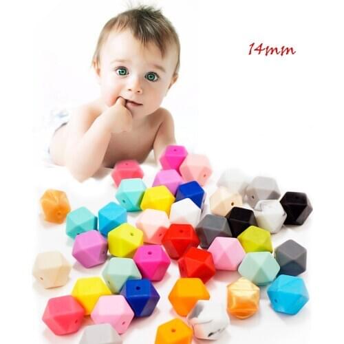 Sutoyuen 50pcs BPA Free 14mm Hexagon Silicone Beads Pendant Multi-Faceted Beads Chew Baby Sensory Toy Nursing Necklace