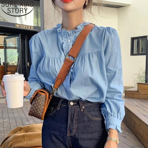 Sweet Stand Collar Pleated Shirt Women Korean Chic Blue Blouse Ruffles Ladies Tops Loose Long Sleeve Button Up Blusas 12721