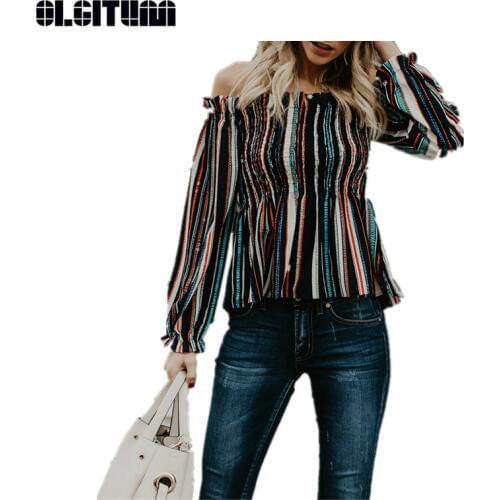New 2020 European and American Standard Code High Quality Womens Shirt Color Striped Slash Neck Long-sleeved Slim Casual Shirt