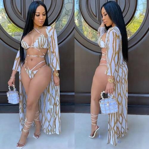 Womens Bathing Suits 3 Pieces Sets Swimsuit Summer Bikinis Cover-ups Cardigan Sexy Strappy Biquinis Feminino Beach Wear Trikini