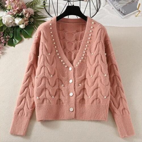 Cardigans Women Knitted Sweater Autumn Winter Long Sleeve V Neck Button Outwear Sweet Beaded Cardigans Casual Streetwear Sweater