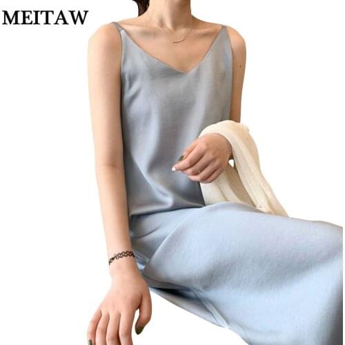 Vintage Satin Solid Dress Women Elegant Imitation Silk V Neck Party Dress 2020 Summer Sleeveless Beach Sundress
